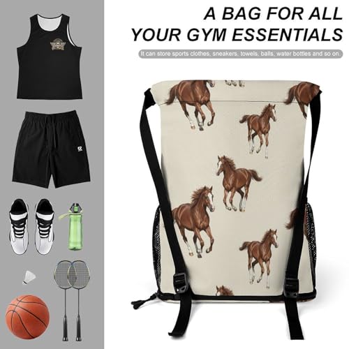 Men's Running Horse Brown Drawstring Backpack, Casual Wear-Resistant Adjustable Gym Bag, Novelty Foldable Sports Backpack for Hiking, Basketball Courts3