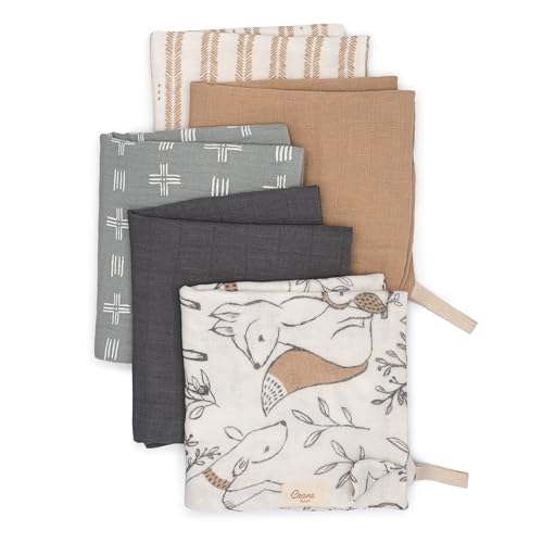 Image of Crane Baby Wash Cloth Set, 100% Cotton, Set of 5, Woodland Animal Theme, Muslin Washcloths for Newborn, Baby Registry Gift