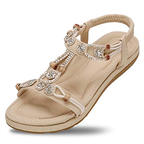 SANMIO Sandales Femmes Plates, Mode Été Bohème Strass Fleurs Cuir PU Tongs Confortable Bout Ouvert pour Filles Style 1 Abricot 39 EU Cover