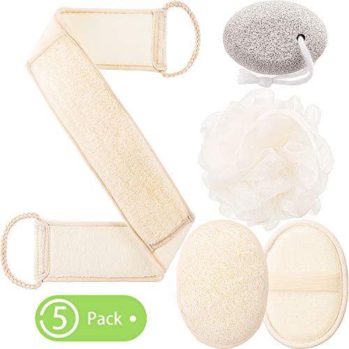 5 Pieces Exfoliating Loofah Sponge Set, Include Exfoliating Loofah Back Scrubber, Exfoliating Loofah Pads, Bath Shower Sponge Loofah and Pumice Stone Foot File for Men Women
