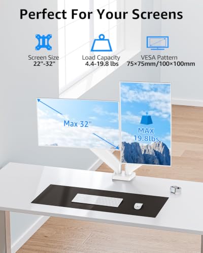 Image of Dual Monitor Stand fits up to 32 inch, 4.4-19.8 lbs Computer Screens, Dual Monitor Desk Mount Height Adjustable, Monitor Arms for 2 Monitors, Home Office VESA Mounts, Freelift White