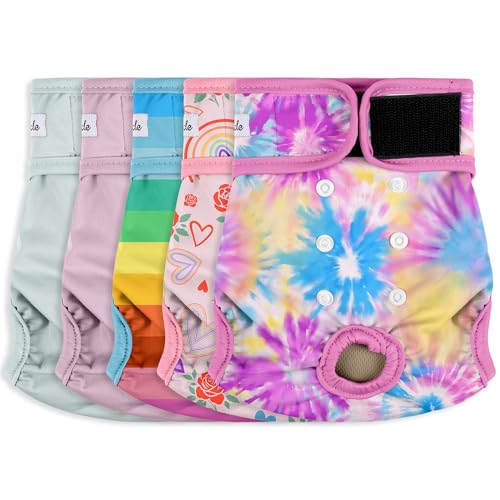 Image of Female Dog Diapers 5Pcs - Premium Reusable Diapers for Doggie in Heat - Highly Absorbent Dog Diapers Female for Pet Incontinence with Adjustable Snaps, Rainbow, XL