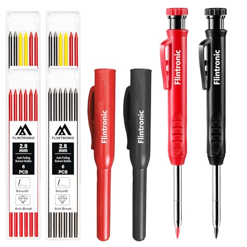 flintronic Tieflochmarker Bleistift Set, 8er-Set Zimmermannsbleistifte mit 26 Minen, Bleistift Baustelle, Zimmermannsbleistift mit Etui, Robuster Konstruktionsbleistift für Architekten