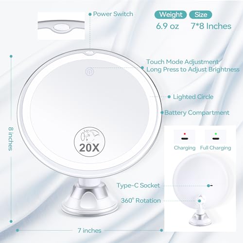 MIYADIVA Espejo de Aumento Recargable Mejorado 2025 con luz, Espejo de Maquillaje Iluminado 20X, Espejo de Maquillaje de Aumento de 3 Colores con 34 Luces LED, Espejo de tocador de rotación de 360° - imagen 5