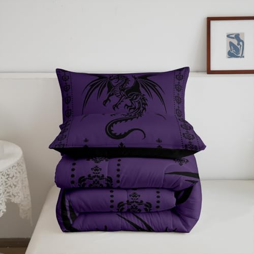 Image of Feelyou Dragon Bedding Set Kids Boys Teens Gothic Damask Paisley Floral Comforter Set Twin Size Women Bohemian Exotic Duvet Insert Animal Theme Room Decor,Purple Black