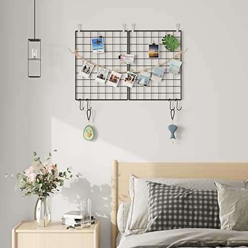 C&AHOME Photo Wall Panel, Wire Wall Grid, Wall Grid Panel, Grids Panel Set of 2, Decor Grid Panel, Photo Display Shelves, Hooks, Clips, Hemp Cord, Hammer, 15.7\" × 11.8\", Black UWWGM3402B - Thumbnail 3