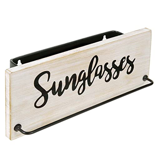 Mygift Whitewashed Solid Wood Wall Mounted Sunglasses Rack, Eyewear Holder And Mail Sorter Bin With Metal Hanging Bar And Cursive Sunglasses Label #TOP4
