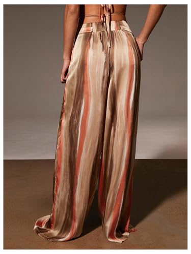 OYOANGLE Women's Satin Wide Leg Pants Striped Low Waisted Silky Dressy Palazzo Trousers3