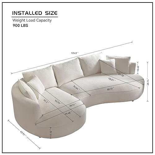 Image of KEIKI 129 inch Luxury Curved Boucle Sectional Sofa with Left Chaise, Upholstered Modern Style Oversized 5-Seater Couch with Thickened Seat Cushions, Easy Assembly, for Apartment, Living Room, White