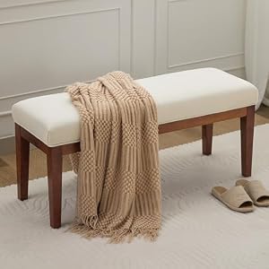 WUTUTUEE 43.5” Linen Bedroom Bench, Upholstered End of Bed Bench, Padded Vintage Dining Bench, Entryway Bench with Solid Wood Legs, Kitchen, Living Room, Hallway, White