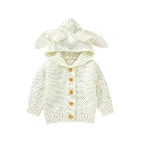 Unisex Baby Knitted Hooded Sweater,Newborn Infant Girl Boy Rabbit Ear Hoodie Knitwear Jacket Coat Button Knit Outerwear (White, 6-12 Months)