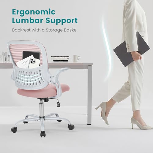 Image of DUMOS Home Office Computer Desk Chair, Ergonomic Mid-Back Mesh Rolling Work Swivel Task Chairs with Wheels, Comfortable Lumbar Support, Comfy Flip-up Arms for Bedroom, Study, Student, Pink