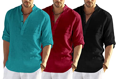 Image of Men's Cotton Blend Combo Short Kurta with Mandarin Collar Neck Full Sleeves Solid Pattern Curved Hemline Regular Fit and Standard Length (Pack of 3)