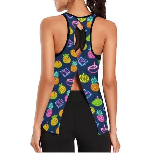 voucong Camiseta deportiva sin mangas para mujer, tela de malla, holgada, ajustada, para correr, yoga, verano, neón, Summer Neon Coconut Mangoes Piña, S