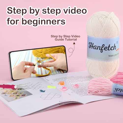 Image of Hanfetch Crochet Kit for Advanced or Intermediate Beginner, Step by Step Video Tutorial and Detailed Guide Instruction DIY Craft Supplies for Adult and Kid with Complete Kit for Granny Square Tote Bag