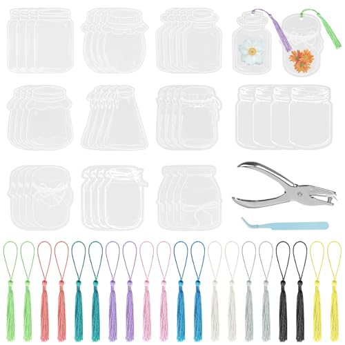 62 Stück Transparente Lesezeichen Getrocknete Blumen, DIY Hausgemachte Trockenblumen Lesezeichen Kinder mit 20 Bunten Quasten, Pinzette Lochstanze