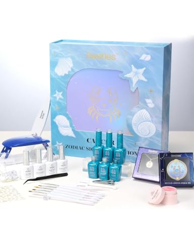 Image of Beetles Moonlit Sanctuary Lucky Box Cancer Zodiac Gel Nail Polish Kit | with Mini UV Light Blue White Pearl Sliver Colors, Nail Art Set with Tools Necklace Badge, Salon DIY Zodiac Gift for Women