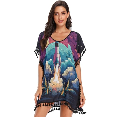 Space Moon Art Rocket Women's Beach Cover Up Chiffon Tassel Swimwear Swimsuit Coverups for Girl