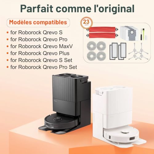 RUKHOOL Qrevo S Kit Accessoires pour Roborock Qrevo S/Qrevo Pro/Qrevo Plus/QRevo MaxV Pièces pour Qrevo S 2 Brosse Principale 6 Sacs à Poussière 4 Serpillere 4 Filtres 4 Blanc Brosse Latérale – vue 2