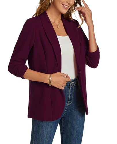 MINTLIMIT Women's Ruched 3/4 Sleeve Open Front Shawl Collar Blazer Lightweight Work Office Jackets Blazers, Burgundy3