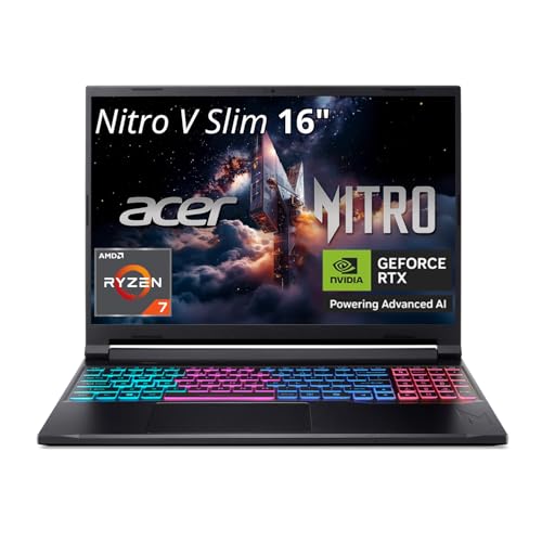 Image of acer Nitro V Slim ANV16S-41-R3Q0 Gaming Laptop | 16 inch WQXGA IPS | NVIDIA GeForce RTX 5070 | AMD Ryzen Processor | 16GB RAM | 512GB SSD | WiFi 6E | Backlit Keyboard | HDMI | USB4 | RJ-45 | Win 11 Home