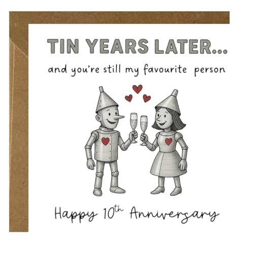 Funny Cute 10th Wedding Anniversary Card with Envelope for Him/Her Happy Tin Anniversary 10 Year Wedding Anniversary Card Gifts for Husband Wife Couple Partner Unique Tin Anniversary Design