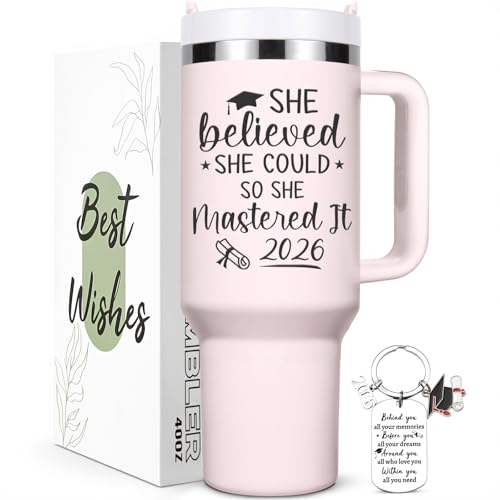 Lifecapido Graduation Gifts for Her She Believed She Could So She Mastered It 2026 40oz Tumbler with Key Chain College Masters Degree Graduation Gifts for Graduates Friends Classmates Rose Quartz