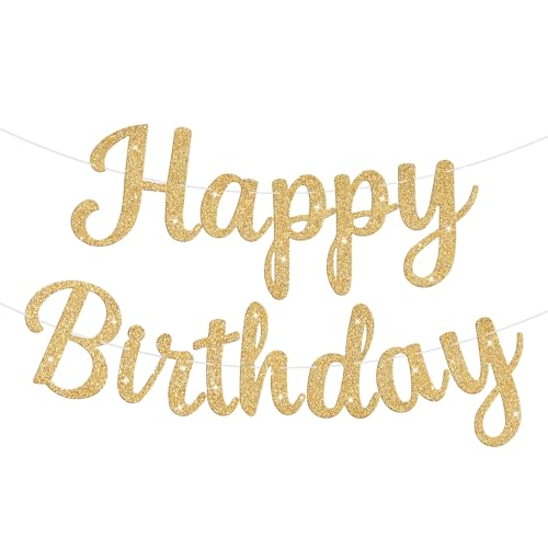 Glitter Happy Birthday Banner Sign, Birthday Garland Wall Door Banners Flag for Women Men Boys Girls Party Backdrop Decorations (Gold)