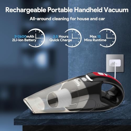 kitsky Handheld Vacuum - Car Vacuum Cleaner Cordless with Powerful Suction, Portable HandHeld Vacuuming Cordless - for Sofas, Mattresses, and Windows (Red(16000PA)) - Image 9
