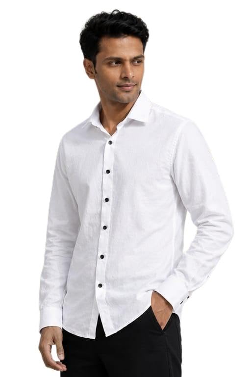 Jaminc Men's White Linen Shirt with Black Buttons and Full Sleeves-picture-22