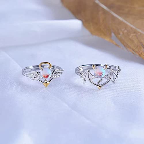 Angel Demon Wing Rings For Couple Lover, Fashion Adjustable Classic Angel Demon Moonstone Ring Set, Open Hypoallergenic Statement Promise Wedding Engagement Band Ring Jewelry Gifts for Couples Women3