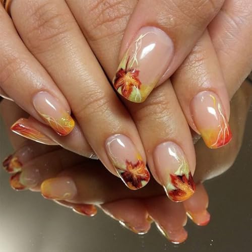 24Pcs Fall French Tip Press on Nails Short Square Fake Nails Maple Leaf Press ons Thanksgiving False Nails Orange Nail Tip Autumn Acrylic Nails Maple Leaves Artificial Glue on Nails Fall Nails Decor