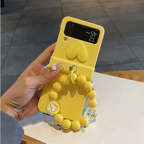 Étui Samsung Galaxy Z Flip 5 antichoc jaune à motif cœur et bracelet de fleur