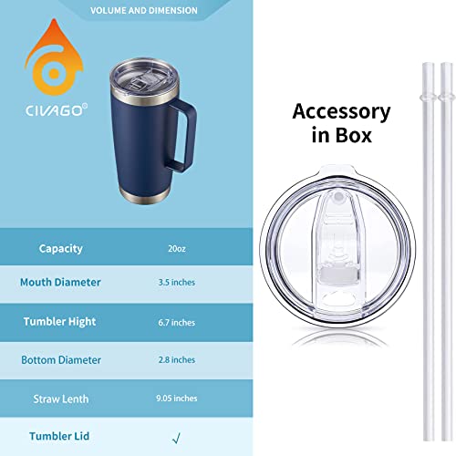 CIVAGO 20 oz Tumbler Mug with Lid and Straw, Insulated Travel Mug with Handle, Double Wall Stainless Steel Vacuum Coffee Tumbler, Thermal Cup, Navy Blue