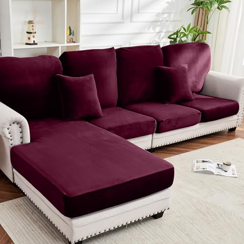 Image of Couch Cover 8-Piece Elastic Velvet Couch Cushion Covers & Chaise Slipcovers for L-Shaped Sofas, Sofa Seat Covers Washable, Soft Cover for Couches (7 Seater + Chaise, Wine)