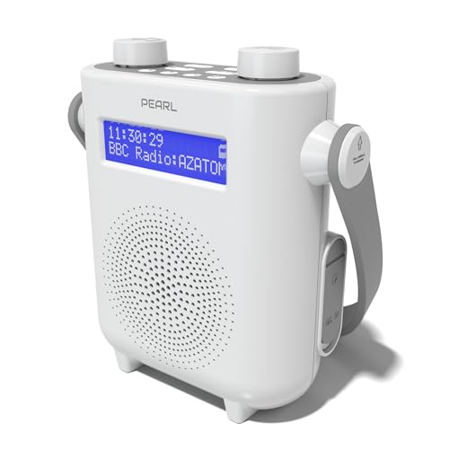 DAB/DAB+ & FM Digital Shower Radio | Bluetooth | IPX5 Water Resistant Technology | Rechargeable Battery | Perfect for Home Bathroom or Outdoors | AZATOM Pearl (White)