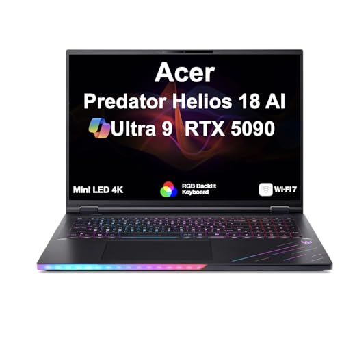 Image of Acer Predator Helios 18 AI Gaming Laptop 18 inch 120Hz Mini LED 4K Display (Intel Ultra 9-275HX, GeForce RTX 5090 24GB, 64GB DDR5, 2TB PCIe SSD, RGB KB, 2 Thunderbolt, Win 11 Pro) w /Dkz Wireless Mouse