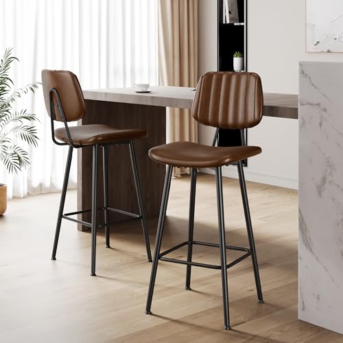Image of Raynesys 29-Inch Leather Bar Stools Set of 4 with High Backrest, Dark Brown