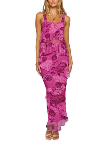 Robe longue moulante à volants superposés en maille rose fuchsia taille XL