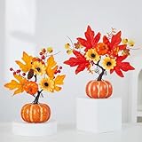 Herbst Kürbis Deko, 2 Stück 34 cm Herbstdeko Kürbis Kunstpflanze mit Künstliche Sonnenblume & Ahornblätter, Herbst Dekoration Aesthetic Künstliche Zierkürbisse für Tischdeko, Erntedankfest Deko (A)