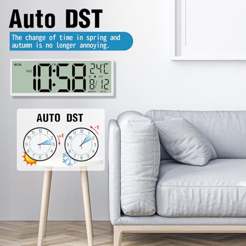 Image of XREXS 14.5 inch Digital Wall Clock Battery Operated with Big Digits LCD Screen Display, Large Display Timer with Temperature Date Week Auto DST, Alarm Clock for Classroom, Livingroom, Office
