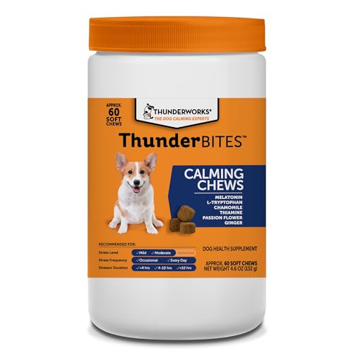 ThunderBites Dog Calming Chews Thiamine L-Tryptophan Melatonin and Ginger Can Help Relieve Stress from Separation Storms Fireworks & Travel (60 Count) Formerly ThunderWunders