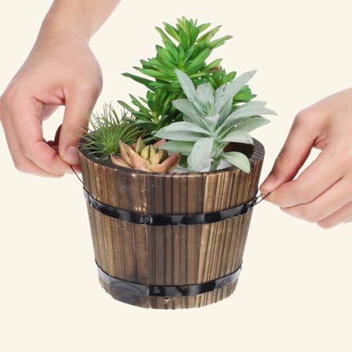 Image of Healeved Wooden Round Barrel Planter Flower Pot for Succulents with Permeable Bottom 7.08X7.08X5.9 Inches Indoor Outdoor Home Office Garden D Cor