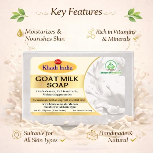 Image of Khadi Luxurious Handmade Pure and Natural Goat Milk Soap for Bathing and Skin Whitening By Bhudevam Naturals | Handmade Bathing Bar with Antioxidants for Healthy Skin | Suitable for All Skin Types (Pack of 5)