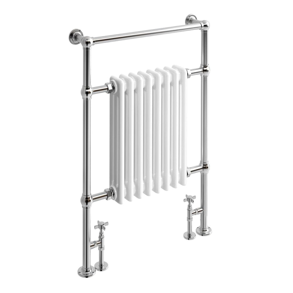 iBathUK Windsor Traditional Heated Towel Rail, 8 Column Triple Panel Vertical Hydronic Radiator, Floor Mounted Style with Wall Support, Flat Central Heating in Chrome Plated Gloss White, 952 x 659mm