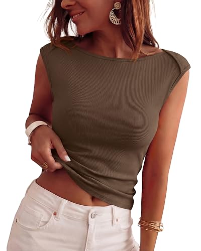 BTFBM Women's Ribbed Tank Tops 2026 Summer Cap Sleeve Boat Neck Slim Fitted Knit Basic Casual Tee Shirts Fashion Clothes(Brown, Medium)