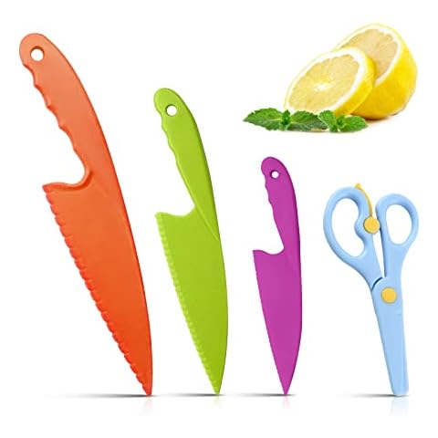 4 Stück Kinder Küchenmesser und Sicherheit Schere, Kindersichere Messer aus Kunststoff Sichere Nylon-Kochmesser Kinder Messer Kochen Küchenmesser Cover