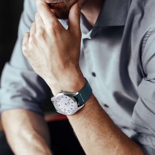 WOCCI 20mm Old-fashioned Watch Band for Men, Top Grain Leather, Golden Polished Buckle (Retro Blue)