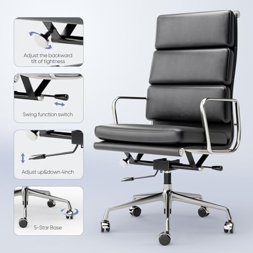 Image of High-Back Executive Genuine Leather Office Chair, with Aluminum Arms and 5-Star Base, Modern Rolling Desk Chair with Silent Wheels, Lumbar Support, High-Adjustable, Tilting for Home & Office