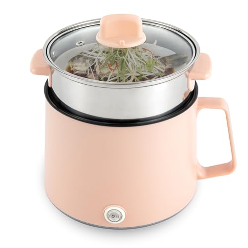 Olla eléctrica de 1,7 l, olla eléctrica de 800 W, con cesta al vapor, 2 capas, portátil, antiadherente, multicocina, para hogar, oficina y dormitorio universitario, color rosa
